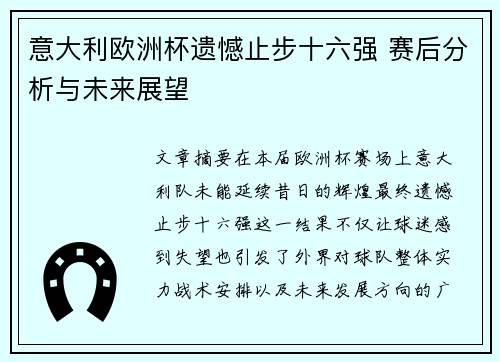 意大利欧洲杯遗憾止步十六强 赛后分析与未来展望